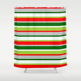 [ Thumbnail: Eye-catching Green, Red, Grey, Dark Green, and Mint Cream Colored Lined Pattern Shower Curtain ]