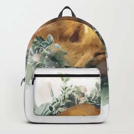 Cute fox sleeping on a bed of plants Backpack