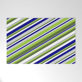[ Thumbnail: Vibrant Green, Dark Olive Green, White, Dark Blue & Light Grey Colored Lines/Stripes Pattern Welcome Mat ]