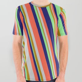 [ Thumbnail: Midnight Blue, Red, Light Grey, Dark Goldenrod & Light Green Colored Lined/Striped Pattern All Over Graphic Tee ]