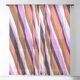 [ Thumbnail: Red, Brown, White, Violet & Black Colored Lined Pattern Sheer Curtain ]