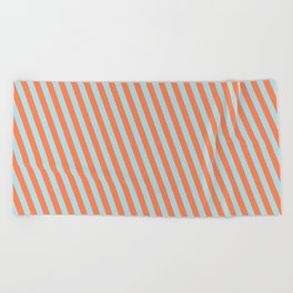 [ Thumbnail: Coral and Powder Blue Colored Lined/Striped Pattern Beach Towel ]
