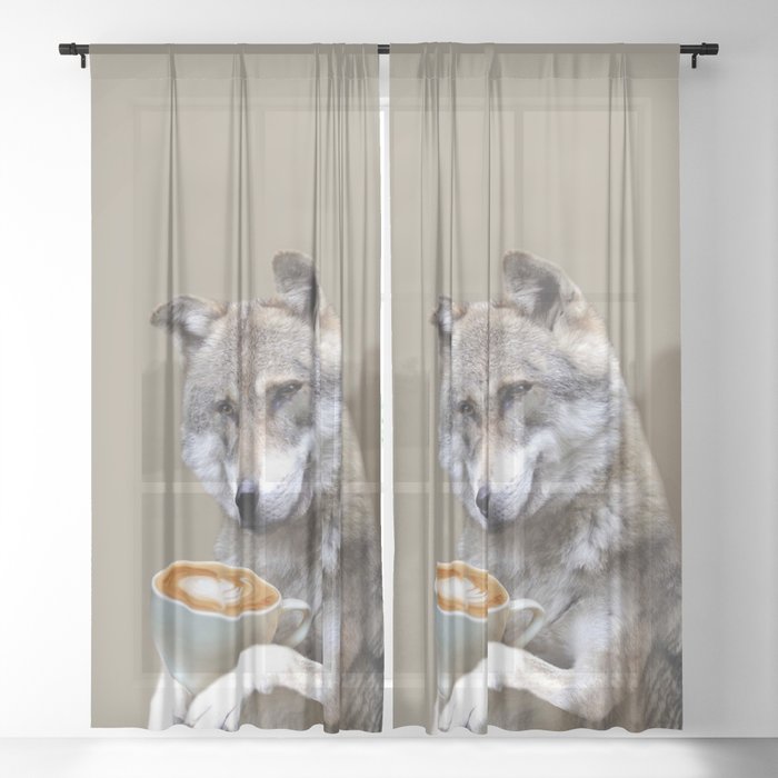 Brown Wolf Wolves Drinking Coffee Smiling, Funny Cute Sheer Curtain