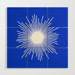 Mid Century Modern Minimalist Sunburst Retro Sun Royal Blue and White Wood Wall Art