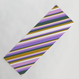 [ Thumbnail: Colorful Dark Goldenrod, White, Plum, Purple & Dark Slate Gray Colored Lines/Stripes Pattern Yoga Mat ]