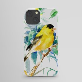 American Goldfinch, yellow sage green birds and flowers iPhone Case