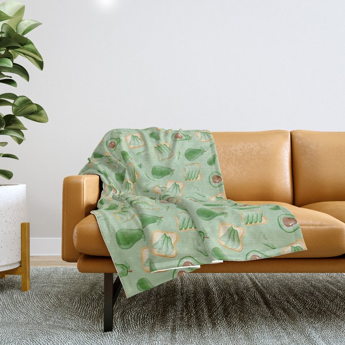 Watercolor Avocados On Green Throw Blanket