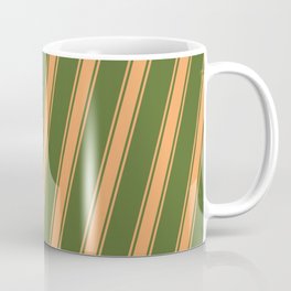 [ Thumbnail: Dark Olive Green & Brown Colored Stripes/Lines Pattern Coffee Mug ]