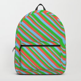 [ Thumbnail: Lime Green, Red, and Light Sky Blue Colored Striped Pattern Backpack ]