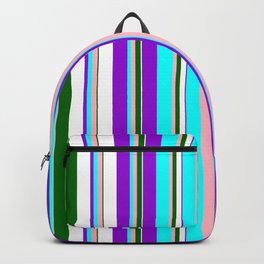 [ Thumbnail: Eye-catching Dark Violet, Cyan, Light Pink, Dark Green, and White Colored Lined Pattern Backpack ]