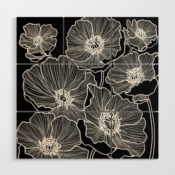 Black and White Poppies Wood Wall Art