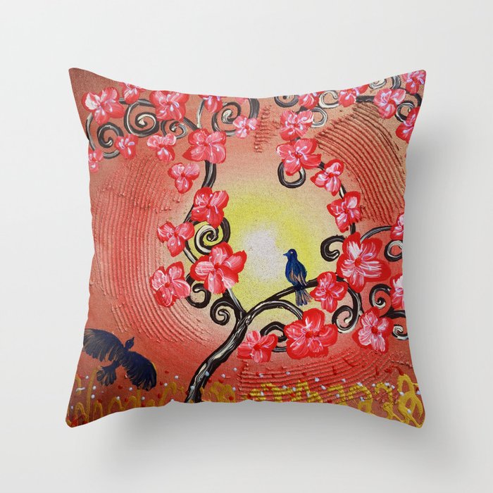 Red Cherry Blossom Tree Painting By Ksavera Throw Pillow By
