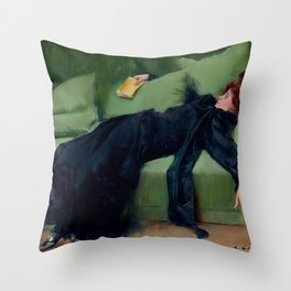 Decadent Young Woman After the Dance Vintage Illustration by Roman Casas 1899 Moss Green Navy Color Throw Pillow