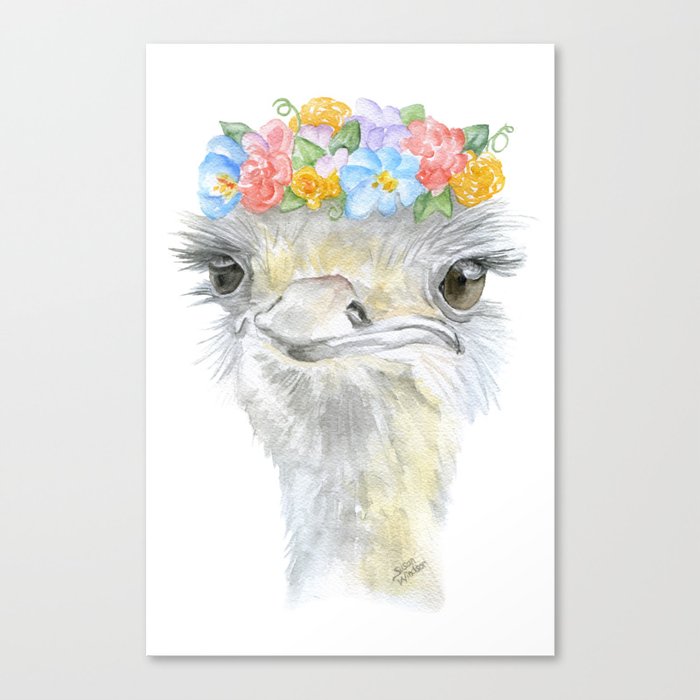 Ostrich Floral Watercolor Painting Nursery Art Canvas Print By