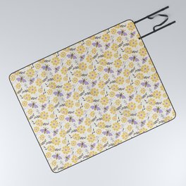 Honey Bees and Flowers - Yellow and Lavender Purple Picnic Blanket