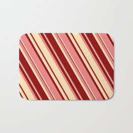 [ Thumbnail: Light Coral, Beige, and Dark Red Colored Lines Pattern Bath Mat ]