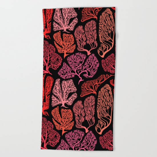 Graphic Corals on black. Beach Towel