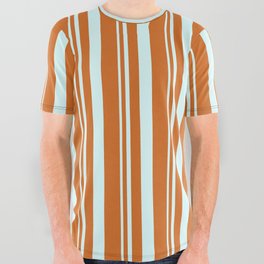 [ Thumbnail: Light Cyan & Chocolate Colored Striped Pattern All Over Graphic Tee ]