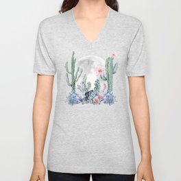 Desert Cactus Full Moon Succulent Garden Night Sky Stars V Neck T Shirt