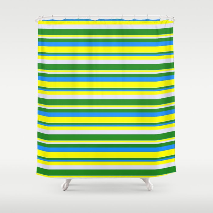 Lavender, Forest Green, Blue & Yellow Colored Striped Pattern Shower Curtain