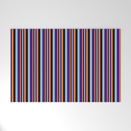 [ Thumbnail: Dark Orange, Black, Sky Blue, and Indigo Colored Striped Pattern Welcome Mat ]