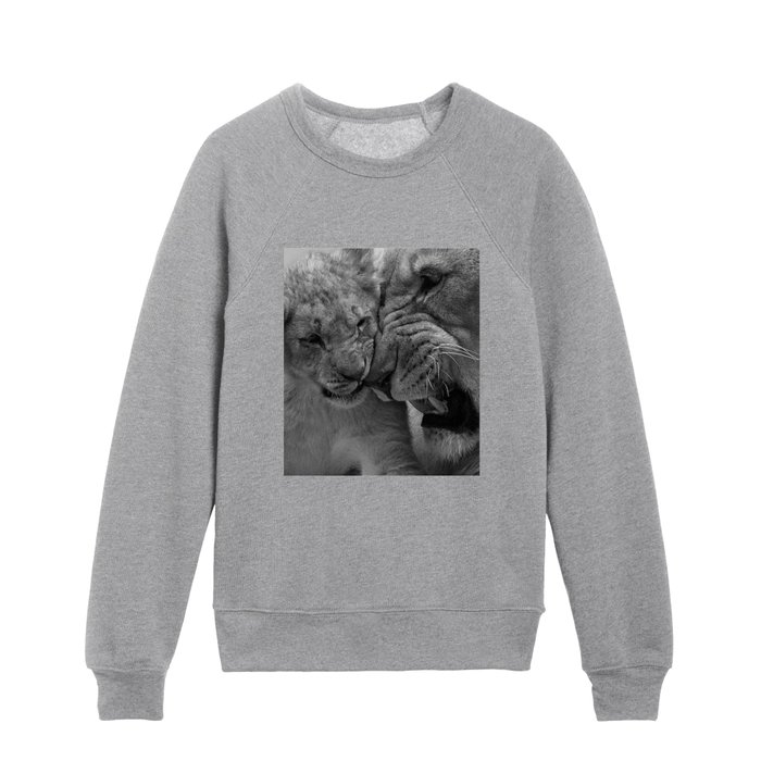 Baby lion cub kissing grouchy, annoyed lion daddy nature feline cat funny black and white photograph - photography - photographs Kids Crewneck