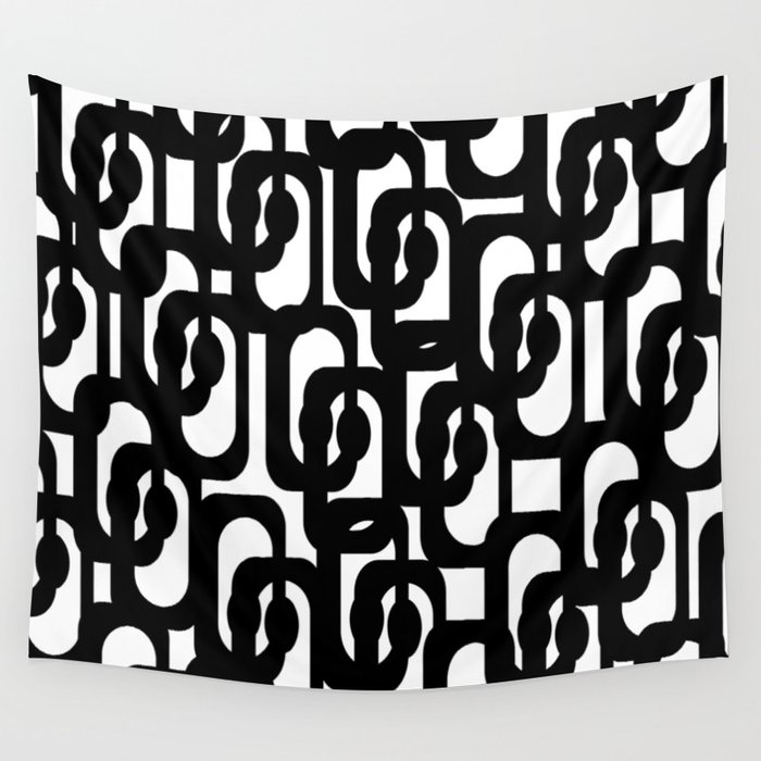 Black and White Midcentury Modern Loop Pattern Wall Tapestry by