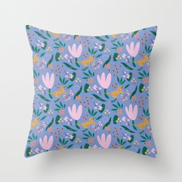 Periwinkle Floral Leopard Jungle Throw Pillow