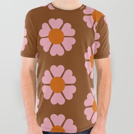 70s Retro Flower Power Pattern in Brown, Pink & Orange All Over Graphic Tee