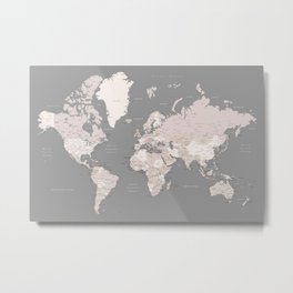 World map in taupe and brown, "Fabrizio" Metal Print