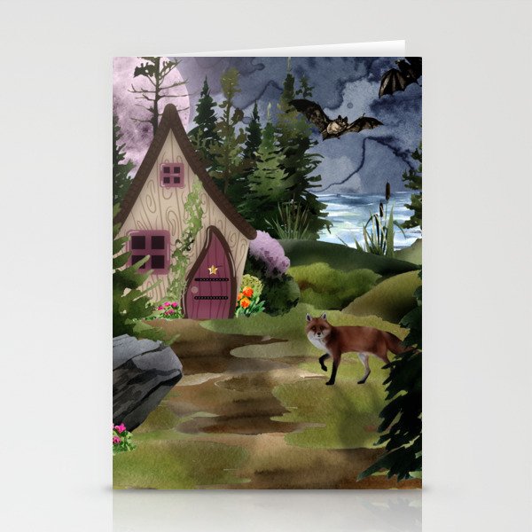 Dark Cottage: A full moon with bats and fox Stationery Cards