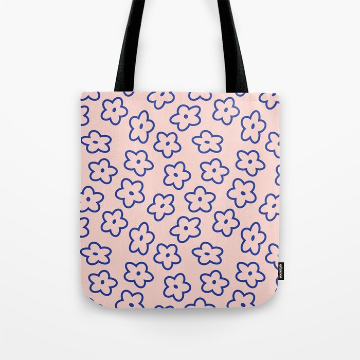 Blue And Pink Line Art Floral Pattern Tote Bag