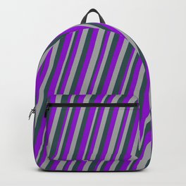[ Thumbnail: Dark Violet, Dark Gray, and Dark Slate Gray Colored Striped Pattern Backpack ]
