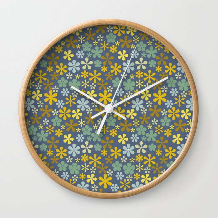 lemon yellow and blue grey eclectic daisy print ditsy florets Wall Clock