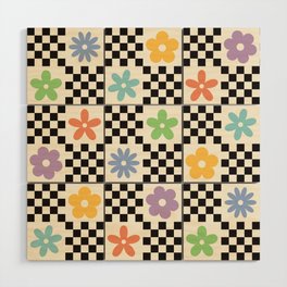 Retro Colorful Flower Double Checker Wood Wall Art