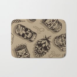Beer vintage monochrome seamless pattern with mugs cups aluminum cans hop cones in skull shapes vintage illustration Bath Mat