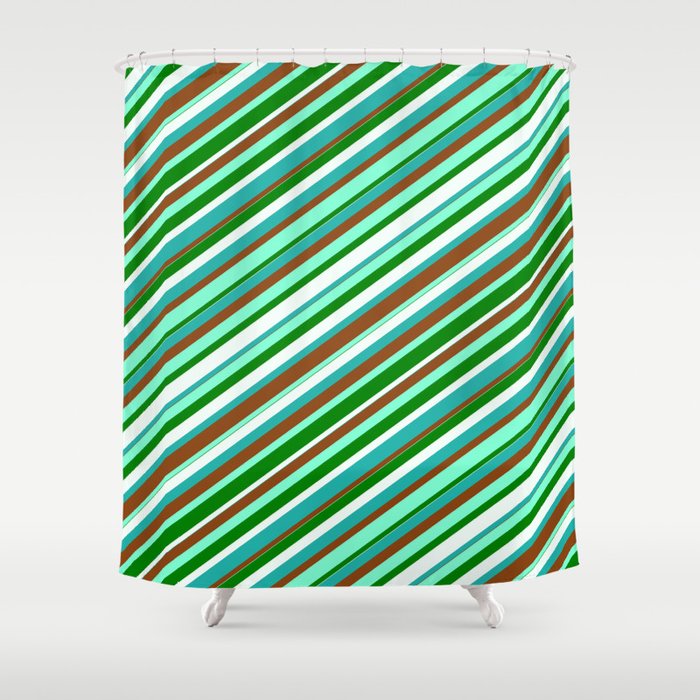 Colorful Light Sea Green, Brown, Aquamarine, Green & Mint Cream Colored Lined/Striped Pattern Shower Curtain