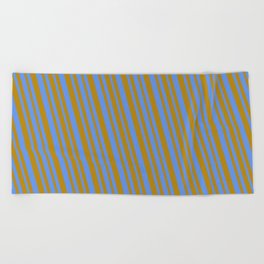 [ Thumbnail: Cornflower Blue and Dark Goldenrod Colored Pattern of Stripes Beach Towel ]