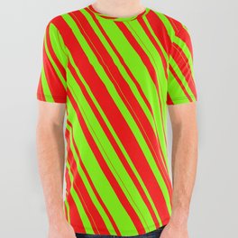[ Thumbnail: Chartreuse & Red Colored Lines Pattern All Over Graphic Tee ]