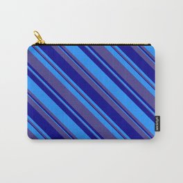 [ Thumbnail: Dark Slate Blue, Dark Blue & Blue Colored Stripes Pattern Carry-All Pouch ]