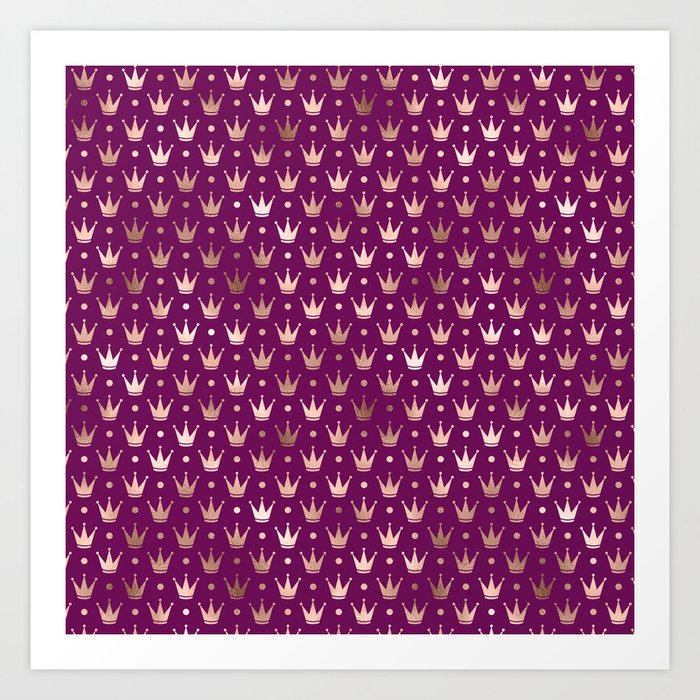 Purple & Rose Gold Crown Pattern Art Print