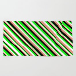 [ Thumbnail: Lime, White, Dark Salmon, and Black Colored Pattern of Stripes Beach Towel ]