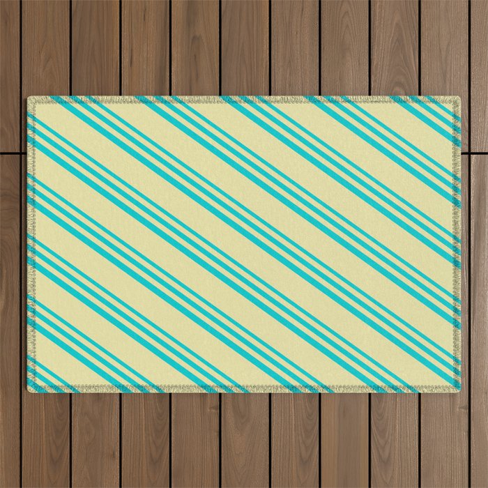 Dark Turquoise and Pale Goldenrod Colored Lines/Stripes Pattern Outdoor Rug
