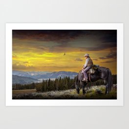 Lone Cowboy Rest Amidst Mountain Sunset Majesty Art Print