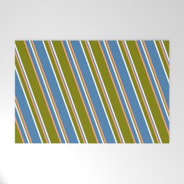 [ Thumbnail: Light Salmon, Green, White, and Blue Colored Striped Pattern Welcome Mat ]