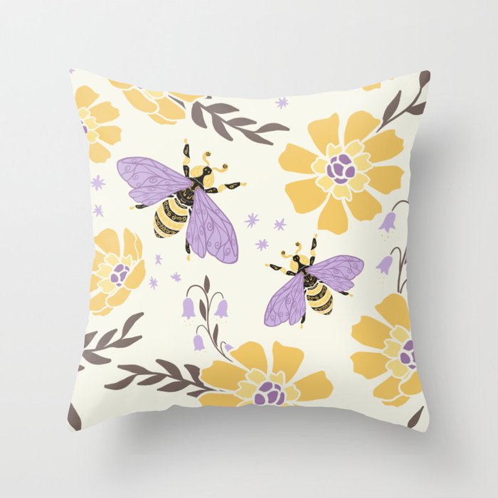 Honey Bees and Flowers - Yellow and Lavender Purple Throw Pillow