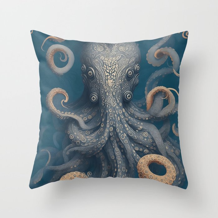 Octopus With Six Eyes Vintage Blue Beige Nautical Throw Pillow
