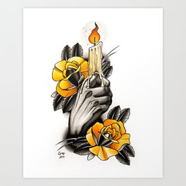 Hand holding CANDLE - tattoo Art Print