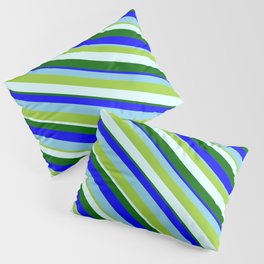 [ Thumbnail: Eye-catching Green, Light Cyan, Dark Green, Blue & Sky Blue Colored Lines/Stripes Pattern Pillow Sham ]