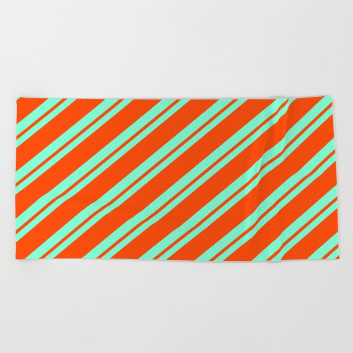 Aquamarine and Red Colored Stripes Pattern Beach Towel